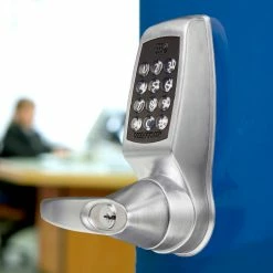 Codelocks Electronic Keyless Entry Lock Interior Usage, w/ Smart Phone App, Keypad, Card, Audit -Doors & Windows Sales CL4510 blue door angle