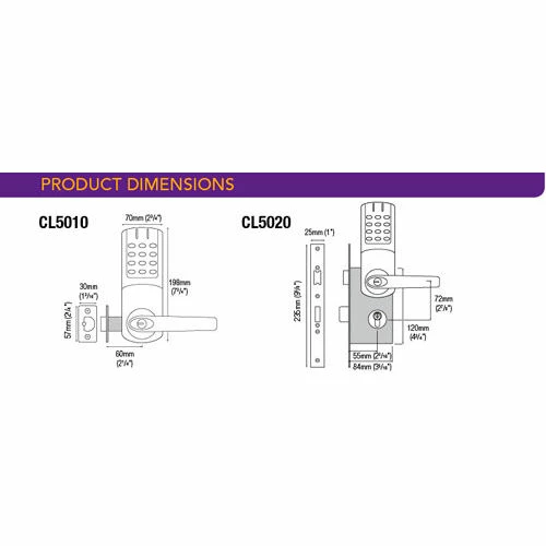 Codelocks Electronic Lockset, Grade 1 UL Mortise Lock Chassis, CL5250-BS, Brushed Steel 2 Codelocks Electronic Lockset, Grade 1 UL Mortise Lock Chassis, CL5250-BS, Brushed Steel - Image 2