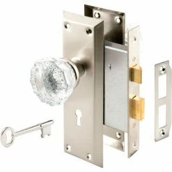 Prime-Line Products Prime-Line® Victorian Style Keyed Mortise Glass Knob Lock Set Satin Nickel Finish, E 2496 -Doors & Windows Sales PL6 E 2496